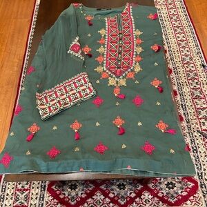 Embroidered Green Khaadi Kurta with Red Accents